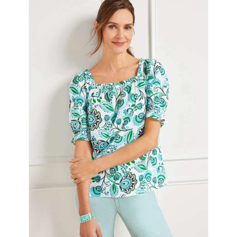 Talbots Plus White Blue‎ Green Floral Square Neck Paisley Puff Sleeve Top 2X